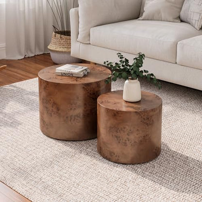 Round Small Nesting Coffee Table, Modern Farmhouse Wood Side End Table Set of 2 for Living Room Bedroom, No Assembly, Brown Burl - color: S4-brown Burl