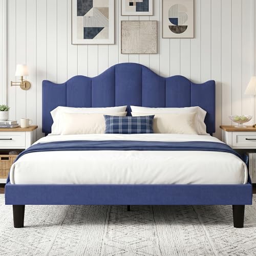 VECELO Full Size Upholstered Platform Bed Frame with Adjustable Headboard, Wood Slat Support and Noise-Free, No Box Spring Needed, Easy Assembly, Dark&Blue - color: Dark&blue, size: Full, style: Bed Frame