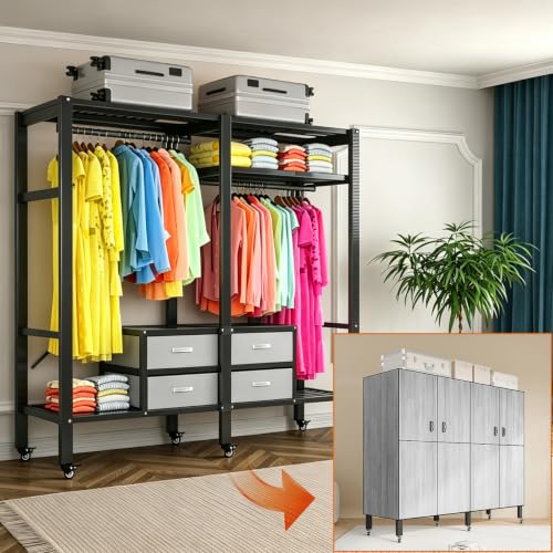 Portable Closet with Drawers Heavy Duty with Cover, KT-Grey, L:75in/190cm | Foldable Portable Armoire Wardrobe Closet for Hanging Clothes Rack and Wheel, Garment Rack for Bedroom Storage - color: Kt Grey, size: L:75in/190cm