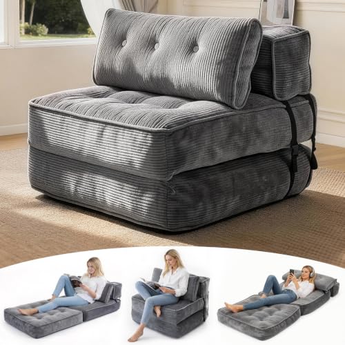 Folding Sofa Bed, Convertible Single Sleeper Chair with Back Support & Pillow, Multifunctional Fold Out Chair Bed for Small Space Living Room Bedroom Guest Office (Dark Grey) - color: Dark Grey, size: Single