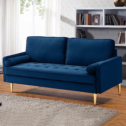 67" Modern Velvet Loveseat Sofa Couch, Mid-Century Tufted Upholstered Small Love Seat Couch with 2 Pillows & 4 Golden Legs, 2-Seats Couches for Compact Space, Living Room, Apartment (Navy) - color: Navy