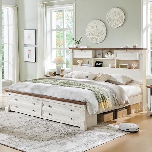 Farmhouse King Size Bed Frame with 2 Drawers & 4 Bookcases On The Headboard | 54" Tall Headboard, Wood Platform Bed Frame with 2 Drawers & 18" Tall Roman Column Decoration Footboard(Antique White) - color: Antique White, size: King(U.S.Standard)