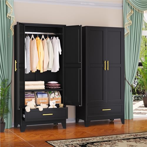 GAIOUS Metal Armoire Wardrobe Closet Cabinet with 2 Doors and Drawer, 71" | Household Wardrobe Cabinet with Hanging Rod, Clothing Storage Cabinet with Adjustable Shelf for Bedroom Cloak Room Gym Black - color: 1 Drawer Black, size: 17.71"D x 31.5"W x 71"H