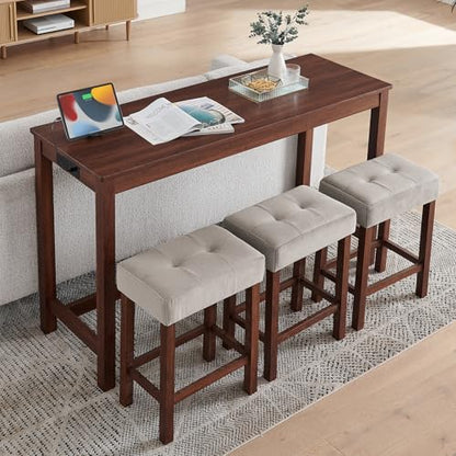 59" Dining Bar Table Set with Power Outlet, Behind Couch Sofa Table with 3 Padded Stools, 4 Piece Bar Table and Chairs Set for Living Room, Dining Room, Cherry - color: R3-cherry