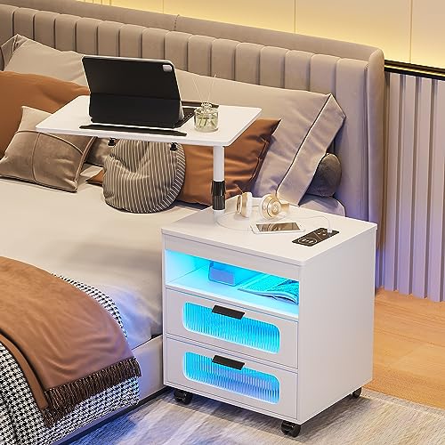 HNEBC Nightstand with Wireless Charging Station, LED Nightstand Has Adjustable Rotary Workstation,Smart Night Stand with 2 Drawers,Modern Bedside Table for Bedroom, Sensor Light/Wheel (White) - color: 9603-1-white
