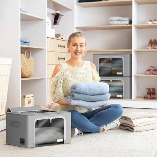 Storage Bins with Metal Frame - Stackable & Foldable Clothes Organizer Bags - Oxford Fabric Storage Containers with Large Clear Window & Carry Handles, Organization for Bedding, Linen, Clothes & More - color: Gray, size: 2 Pack