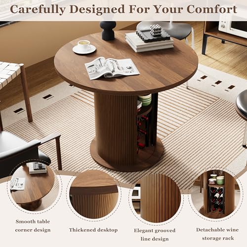 Wildhome Round Dining Table for 2-3, 31 Inch Dining Room Kitchen Table with 2-Tier Storage Shelf & Wine Rack, Modern Farmhouse Fluted Wood Slide Door Dinner Furniture,Circle(Non scalable-32 in) - color: Non-scalable-32 Inch-walnut