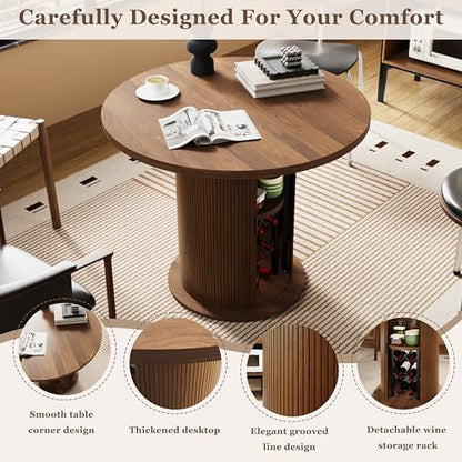 Wildhome Round Dining Table for 2-3, 31 Inch Dining Room Kitchen Table with 2-Tier Storage Shelf & Wine Rack, Modern Farmhouse Fluted Wood Slide Door Dinner Furniture,Circle(Non scalable-32 in) - color: Non-scalable-32 Inch-walnut