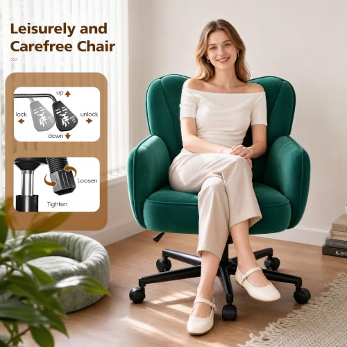 DurayLoly Desk Chair with Shell Back & 360° Swivel Wheels | Comfy Velet Vanity Chair,Adjustable Height,Stylish and Comfortable for Makeup, Work & Relaxation,Dark Green - color: Dark Green