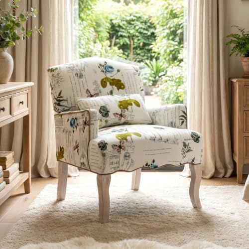 Floral Accent Chair with Arms Linen Fabric Modern Arm Chair with Removable Pillow Upholstered Corner Reading Chair Comfy Single Sofa for Living Room/Bedroom/Fireplace, Beige-Butterfly Pattern - color: Beige-butterfly Pattern, size: 1PC