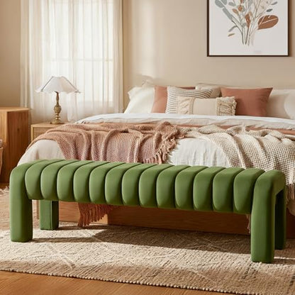 63” Dining Room Bench, Olive Green Tufted Upholstered End of Bed Bench, Modern Entryway Ottoman Window Seat with Solid Wood Legs and Padded Seat for Bedroom, Hallway and Living Room (Velvet) - color: Olive Green Velvet, size: 63"