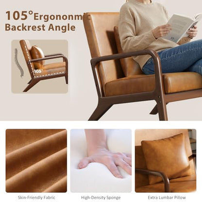 Mid Century Accent Chair with Solid Oak Frame & Faux Leather, Brown | Upholstered Lumbar Pillow Lounge Chair Brown Faux Leather Cozy Leisure Chair Retro Living Room Chair for Bedroom Waiting Room - color: Walnut Wood - Pu Brown, style: 1 PCS
