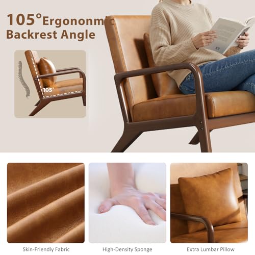 Mid Century Accent Chair w/Oak Frame Set of 2, Brown Faux Leather | Upholstered Lumbar Pillow Lounge Chair Brown Faux Leather Cozy Leisure Chair Retro Living Room Chair for Bedroom Waiting Room - color: Walnut Wood - Pu Brown, style: 2 PCS