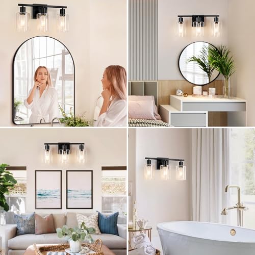 Battery Operated Wall Sconce, 3-Light Black Wireless Rechargeable Vanity Light Fixture with Remote & Bulbs, Dimmable Modern Indoor Non-Hardwired Wall Mounted Lamp for Bedroom, Living Room, Bathroom - color: Black
