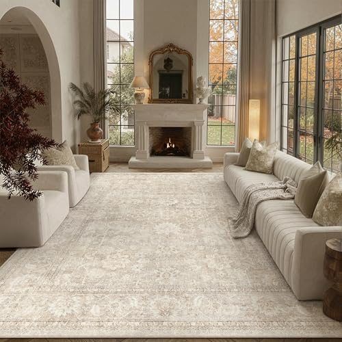 10x12 Beige Area Rug for Living Room Vintage Distressed | Neutral, Washable, Non Slip, Soft Low Pile, Extra Large Carpet for Bedroom, Dining Room, Office, Indoor Home Decor - color: Beige, size: 10' x 12' (Rectangular)
