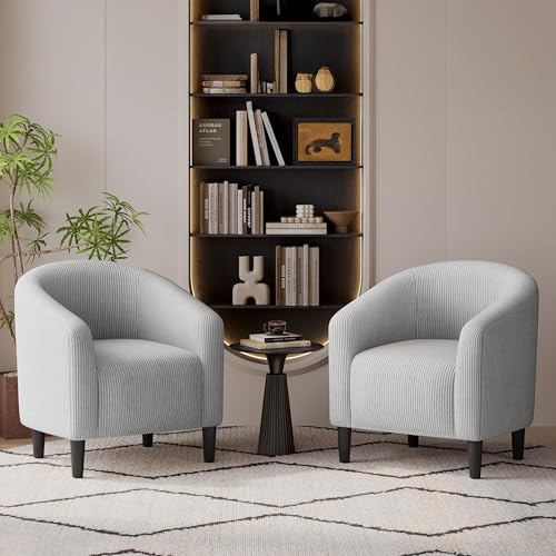 Yaheetech Compact Corduroy Accent Chairs Set of 2 for Bedroom, Light Gray | Compact Cozy Barrel Chairs with a Curved Silhouette, Upholstered Furry Armchair for Small Spaces, Living Room Bedroom Corner - color: Light Gray (Corduroy), style: without Ottoman