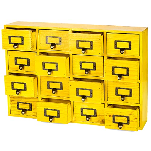 Yellow 16-Slot Wooden Drawer Unit - Country Style Desk Organizer - 20"x3.6”x14” Wooden Storage Box w/ 16 Drawers - Countertop Drawers w/Label Holder & Handle - Slim 4-Level Desk Organizer - color: 16 Drawer Golden Yellow