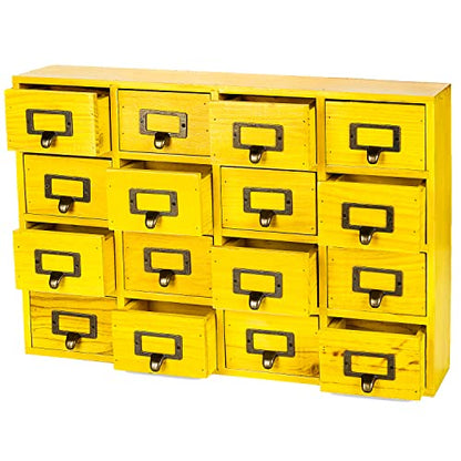 Yellow 16-Slot Wooden Drawer Unit - Country Style Desk Organizer - 20"x3.6”x14” Wooden Storage Box w/ 16 Drawers - Countertop Drawers w/Label Holder & Handle - Slim 4-Level Desk Organizer - color: 16 Drawer Golden Yellow