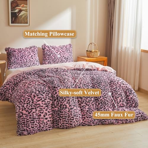 XeGe Cheetah Print Fluffy Faux Fur Duvet Cover Set, Twin, Black and Pink | 2 Pieces Soft Plush Shaggy Fuzzy Bedding Set(1 Faux Fur Leopard Print Comforter Cover + 1 Furry Pillowcase), Zipper Closure - color: Cheetah Print Black and Pink, size: Twin