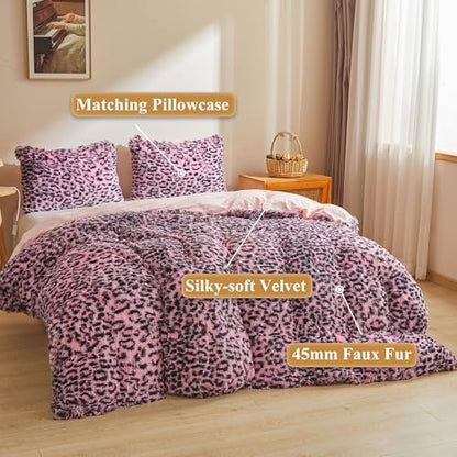 XeGe Cheetah Print Fluffy Faux Fur Duvet Cover Set, Twin, Black and Pink | 2 Pieces Soft Plush Shaggy Fuzzy Bedding Set(1 Faux Fur Leopard Print Comforter Cover + 1 Furry Pillowcase), Zipper Closure - color: Cheetah Print Black and Pink, size: Twin