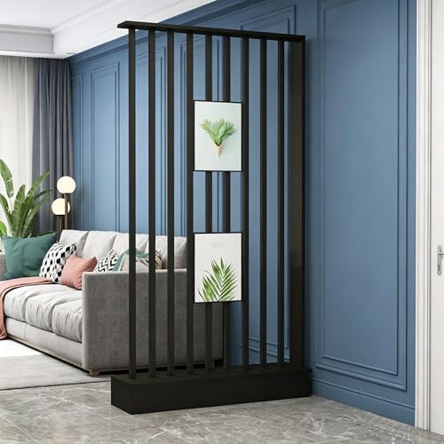 Modern Wood Room Divider with Metal Posts, Freestanding wall Room Divider Privacy Screen Panel, Decorative Slatted Partition Separator for Entryway, Home Office(Black+Black,88cm/34.65in) - color: Black+black, size: 88cm/34.65in