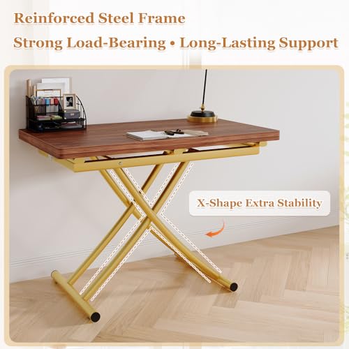 Adjustable Height Coffee Table, Folding Dining Table, Walnut&Gold | Convertible lift top table for use as a coffee table, dining table, home office desk or vanity - color: Walnut & Gold Legs