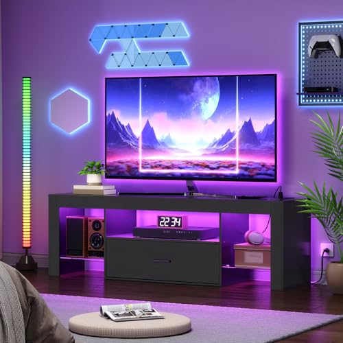 HOOBRO LED TV Stand with Power Outlets to 65 inch TV, Gaming Entertainment Center with Glass Shelves and Large Drawer, Modern Media TV Console Table for Living Room Bedroom, Black BB14UDDS01G1 - color: Black, size: 55.1 Inch