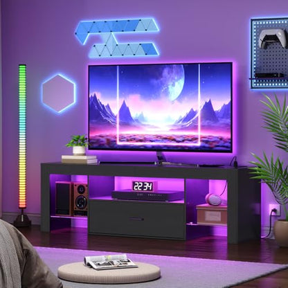 HOOBRO LED TV Stand with Power Outlets to 65 inch TV, Gaming Entertainment Center with Glass Shelves and Large Drawer, Modern Media TV Console Table for Living Room Bedroom, Black BB14UDDS01G1 - color: Black, size: 55.1 Inch