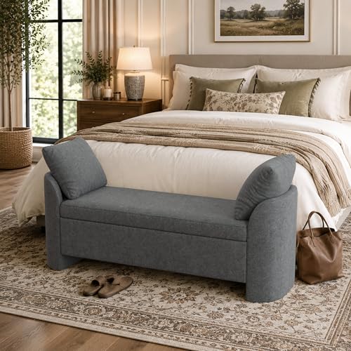 Usaint 58.3" Upholstered Storage Ottoman Bench with 2 Pillows, Charcoal | End of Bed Bench with Curved Arms and Thickened Seat Cushion for Bedroom, Livingroom, Window, Entryway and Dressing Areas - color: Charcoal