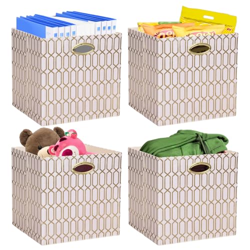 Posprica Storage Bins, Storage Cubes,13×13 Fabric Drawers Organizer Basket Boxes Containers (13×13×13/4pcs, Cream/gold geometry Pattern) - color: Cream/gold geometry Pattern, size: 13×13×13/4pcs