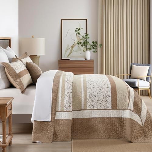 Quilta Queen Bedspread 102 x120 - Farmhouse Floral Striped Design Oversized Queen Quilt Set, Elegant and Textured Coverlet, 3-Piece Lightweight Comforter Soft Bedding Set, 100% Cotton, Brown/White - color: Brown/White/Warm Taupe, size: Queen(102"x120")