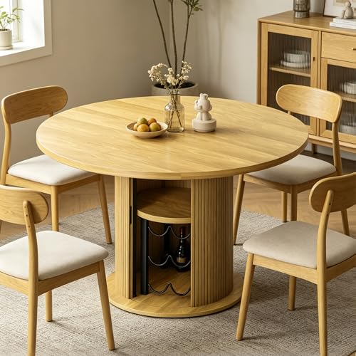 Wildhome Round Dining Table for 2-3, 31 Inch Dining Room Kitchen Table with 2-Tier Storage Shelf & Wine Rack, Modern Farmhouse Fluted Wood Slide Door Dinner Furniture,Circle(Non scalable-32 Inch-Oak) - color: Non-scalable-32 Inch-oak