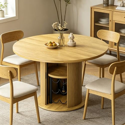 Wildhome Round Dining Table for 2-3, 31 Inch Dining Room Kitchen Table with 2-Tier Storage Shelf & Wine Rack, Modern Farmhouse Fluted Wood Slide Door Dinner Furniture,Circle(Non scalable-32 Inch-Oak) - color: Non-scalable-32 Inch-oak