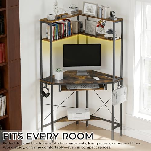 Corner Desk with Hutch and LED Light, Keyboard Tray, Rustic Brown - color: Rustic Brown