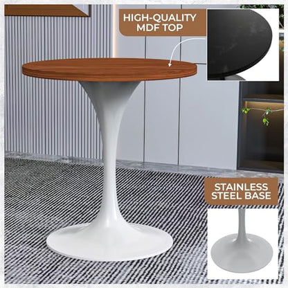 LeisureMod Verve Mid-Century Modern 27 Inch Round Dining Table, MDF Wood Tabletop with White Steel Pedestal Base, Contemporary Kitchen & Dining Room, Small Space Breakfast Table, Cognac Brown - color: Cognac Brown Wood, size: 27 inch Wide