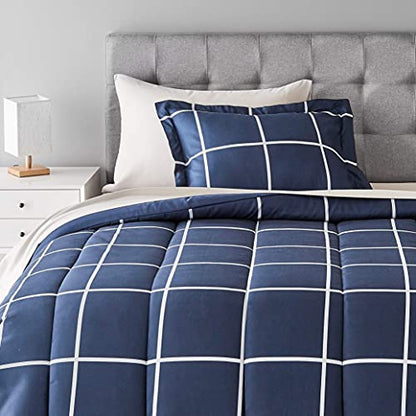 Amazon Basics 5-Piece Lightweight Microfiber Comforter Set with Sheets, Bed-in-a-Bag, Navy with Grey Plaid Bedding, Twin/Twin XL - color: Navy and Grey Plaid, size: Twin/Twin XL, style: 1-Pack