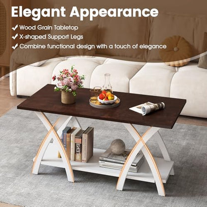 Giantex Farmhouse Coffee Table, 2-Tier Wood Center Table with Storage Shelf & X-Shaped Support Legs, 40 Inch Rectangular Living Room Table with Open Display Area for Small Space (Walnut&White) - color: Walnut & White