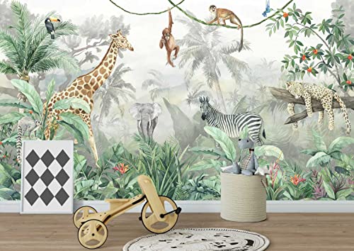 Reyhui Kids Wallpaper Tropical Leves and Safari Animals | 195"x120" Not Peel and Stick Wall Mural for Wall Bedroom Living Room TV Background Sofa Wall - color: MURAL-013, size: 195" x 120"
