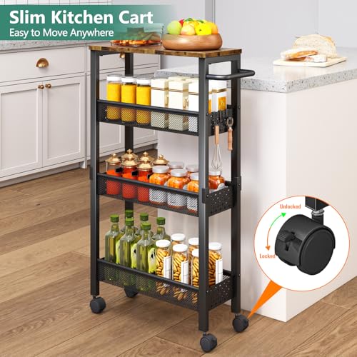 Vivihomety 4-Tier Slim Utility Rolling Laundry Cart with Wheels, Metal | Narrow 7.1" wide, Lockable wheels, wood top panel, metal frame, with handle, for laundry, bathroom, kitchen, black - color: Black, size: 7.1 inch wide