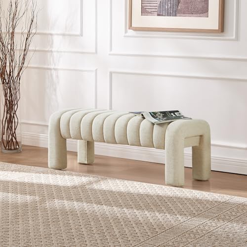 43.3" Bedroom Bench, Upholstered Entryway Bench, Modern End of Bed Ottoman with Solid Wood Legs and Adjustable Foot Pegs for Entryway, Dining Room and Living Room (Beige Linen) - color: Beige Linen, size: 43.3"