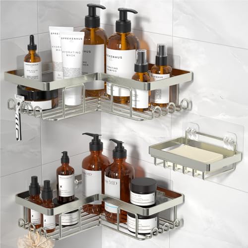 Corner Shower Caddy, 3-Pack Adhesive Shower Caddy with Soap Holder and 12 Hooks, Rustproof Stainless Steel Bathroom Organizer, No Drilling Wall Mounted Shower Rack, Nickel - color: Nickel