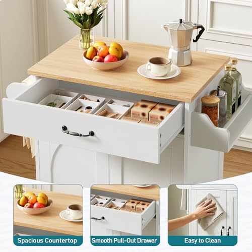 Kitchen Island Cart, Small Kitchen Island with Storage Cabinet and Drawer, Rolling Kitchen Cart on Wheels with Spice Rack and Towel Rack, for Kitchen, Dining Room, White and Natural - color: White + Natural
