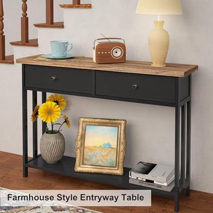 42" Solid Wood Console Table with 2 Fabric Drawers, Entryway Table with Storage Shelves, Sofa Table for Entryway, Hallway, Living Room, Kitchen or Behind Couch in Foyer, Black - color: Black