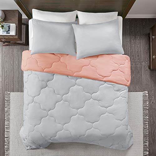 Comfort Spaces Vixie Reversible Comforter Set - Trendy Casual Geometric Quilted Cover, All Season Down Alternative Cozy Bedding, Matching Sham, Coral/Gray, Twin/Twin XL 2 piece | Down Alternative, All Season, Bedding for Bedroom, Geometric Pattern, Revers