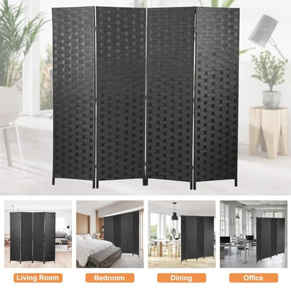 BLKMTY Room Divider, 6ft Folding Privacy Screens, Wall Divider Portable Room Seperating Freestanding Wood Screen, 4 Panels Hand-Woven Design Screen Double Hinged Dividers for Bedroom, Black - color: Black