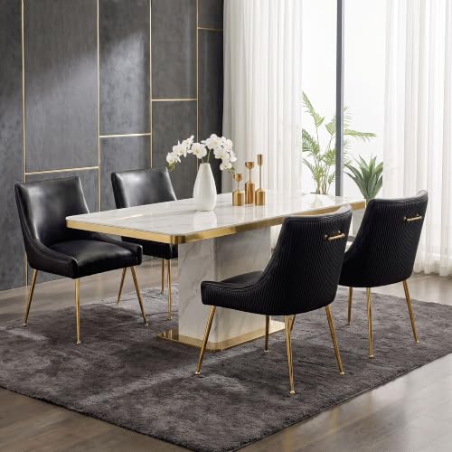 Faux Leather Dining Chairs Set of 4, Gold Legs Accent Kitchen Chairs, Black | Mid Century Modern Chairs with Gold Pull Handle, Upholstered PU Leather Chairs for Dining, Kitchen, Living Room, Restaurant - color: Pu-black, size: Set of 4