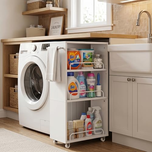 7.7'' Slim Rolling Storage Cart 4 Tier Wood Utility Cart Spice Rack Kitchen | Slide Out Narrow Rolling Cart with Adjustable Shelves,with Handle for Kitchen Laundry Bathroom Small Space - size: 3-Tier