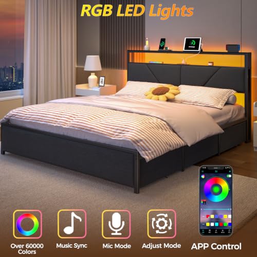 Queen Bed Frame with Storage Headboard, 6 Drawers, LED & Charging | 2-Tier Fabric Upholstered Headboard, Charging Station&RGB Lights, No Box Spring Needed, easy assembly, Noise-Free - color: Dark Gray, size: Queen