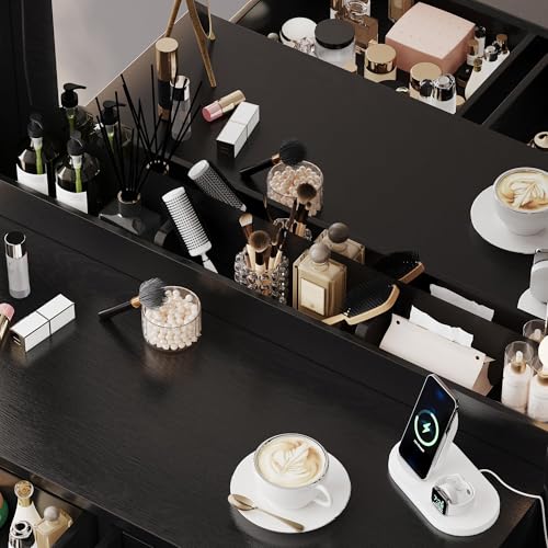TOKSOM Makeup Vanity with Lights & Charging Station, Black Vanity Table with 5 Drawers & Open Storage Shelves, Bedroom Makeup Dressing Table Set for Women Girls Golden Handles - size: 35.4 inch, style: Modern Black