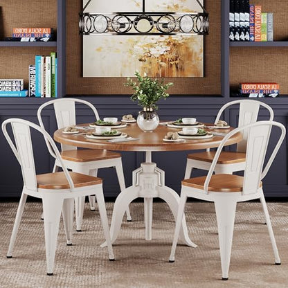 Alunaune 18inch Metal Dining Chair Set of 4 High Back Classic Chic Iron Farmhouse Chairs Industrial Stackable Coffee Stools Bistro Cafe Side Barstools Wood Seat-White - color: Cream White